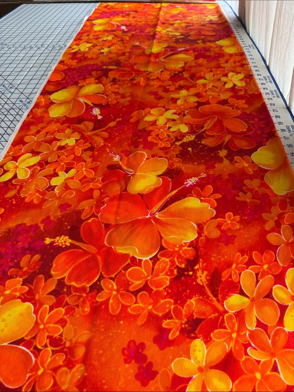 Vintage 1970s Orange Tropical Hibiscus Fabric 1⅔ Yards 44” Retro Mod Polyester